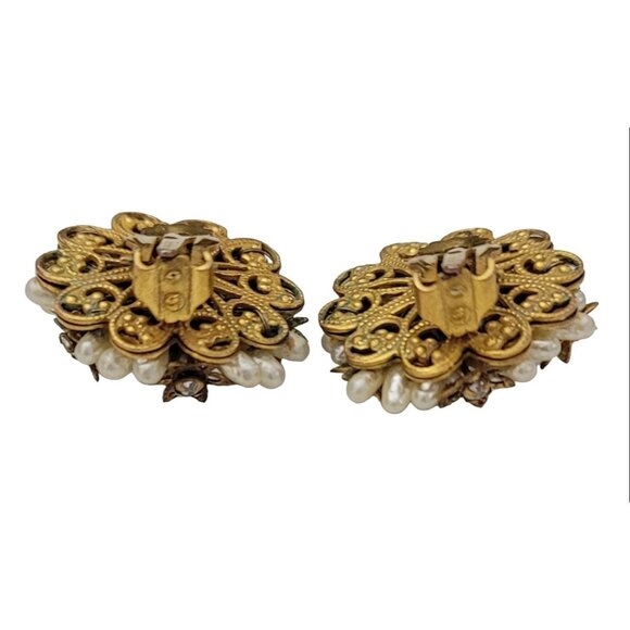 Robert Vintage Faux Pearl Rose Montees Rhinestones Bead Cluster Earrings, K403 - Picture 3 of 7